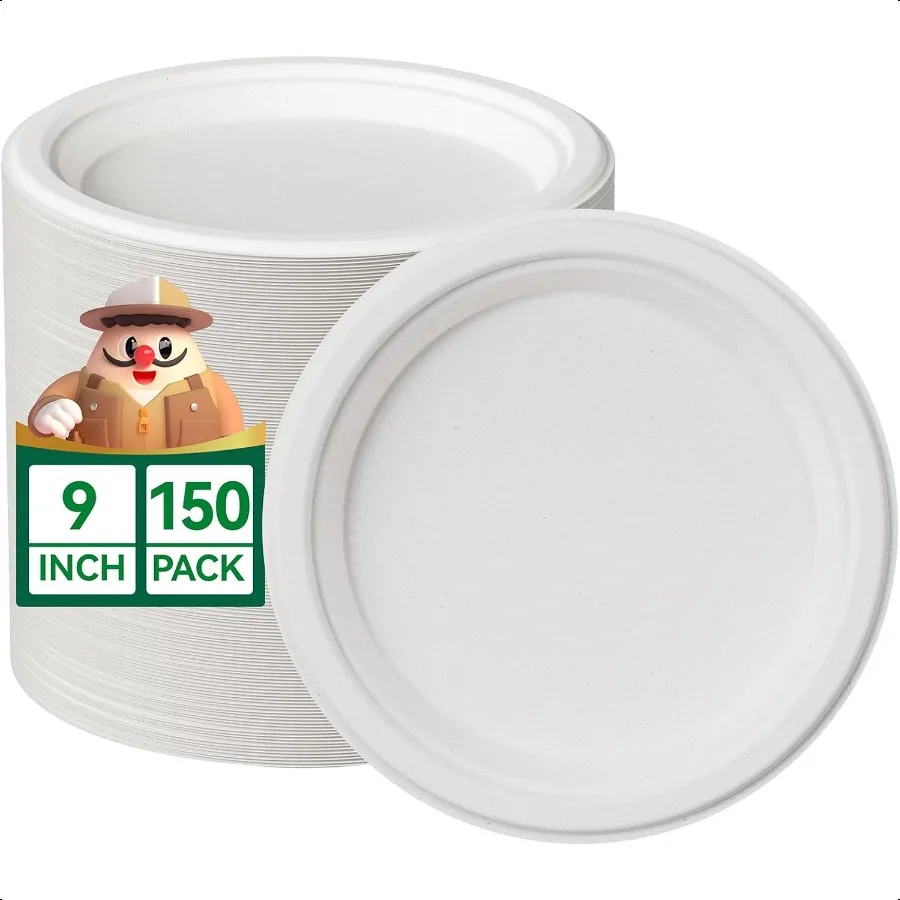 

100 компостируемых бумажных тарелок, 150 упаковок, 9-дюймовые сверхпрочные тарелки, биоразлагаемые, экологически чистые, белые, с сахарной тростью