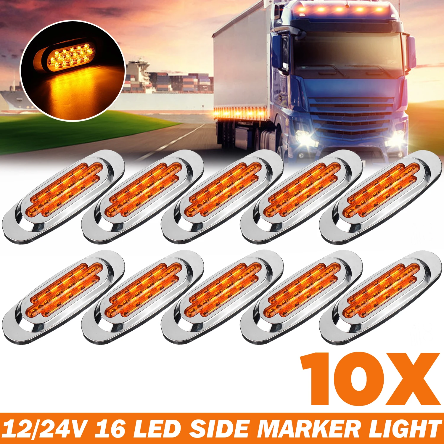 10X 16LED 12-24V LED Side Marker Light Position Side Lights Universal For Truck Trailer-Amber / White / Red / Blue / Green