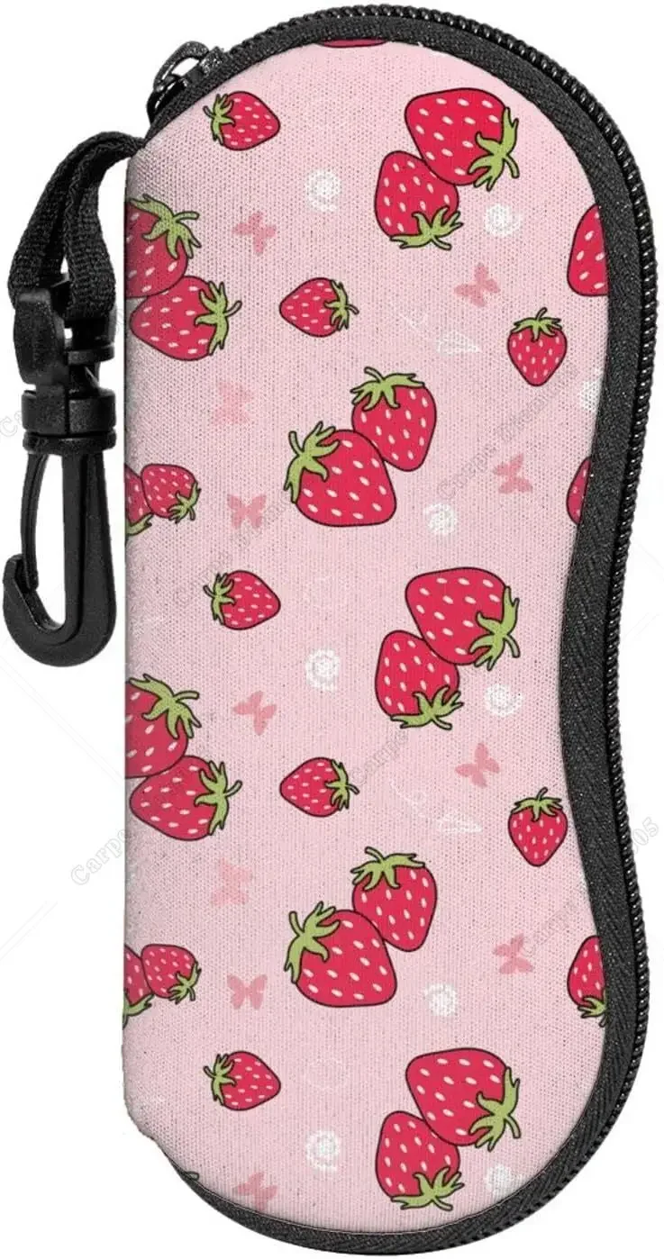 Cute Pink Strawberry Glasses Case for Women Girls Portable Soft Zipper Sunglass  Eyeglass Safety Bag with Clip