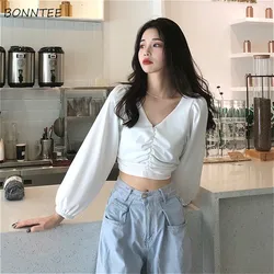 Blouses Women Solid V-neck Long-puff-sleeve Elegant Crop Top Chic Fashion Sexy Vintage Korean Womens Retro Ins Ulzzang Spring