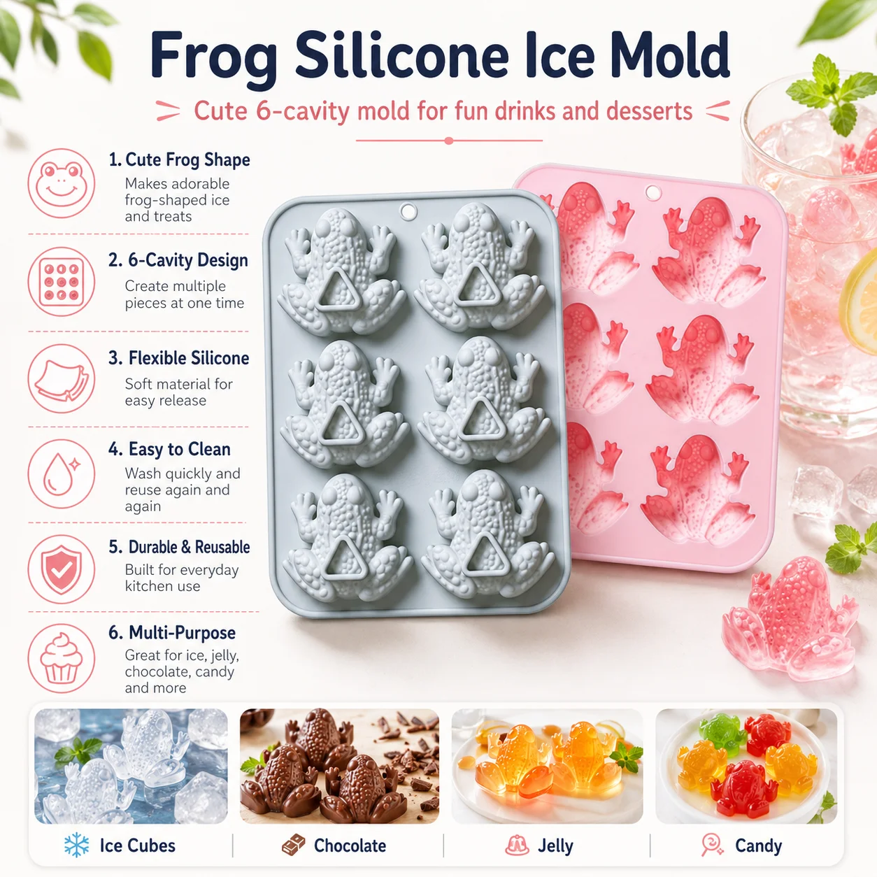 6 Cavity 3D Frog Silicone Mold Reusable Toad Ice Cube Maker Chocolate Candy Fondant Baking Tool for Passover Party Supplies