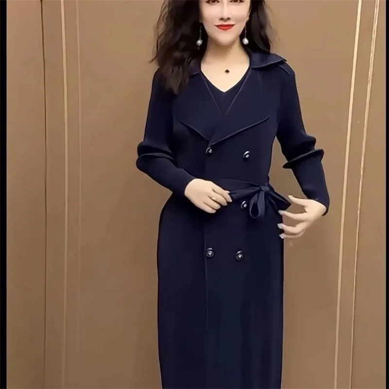 Spring Autumn Fashion Slim Pleated Suit Collar Fake Two Piece Windbreaker Coat Comfortable Waist Shrinking Elastic Dress Belt