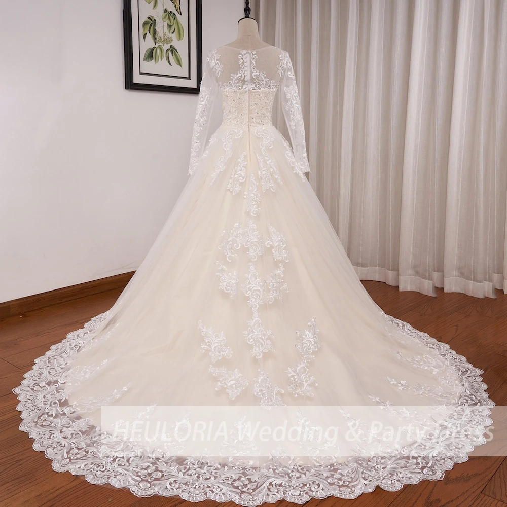 Heiloria-vestido de novia de manga larga con cuentas de encaje, traje de princesa, cuello redondo, talla grande