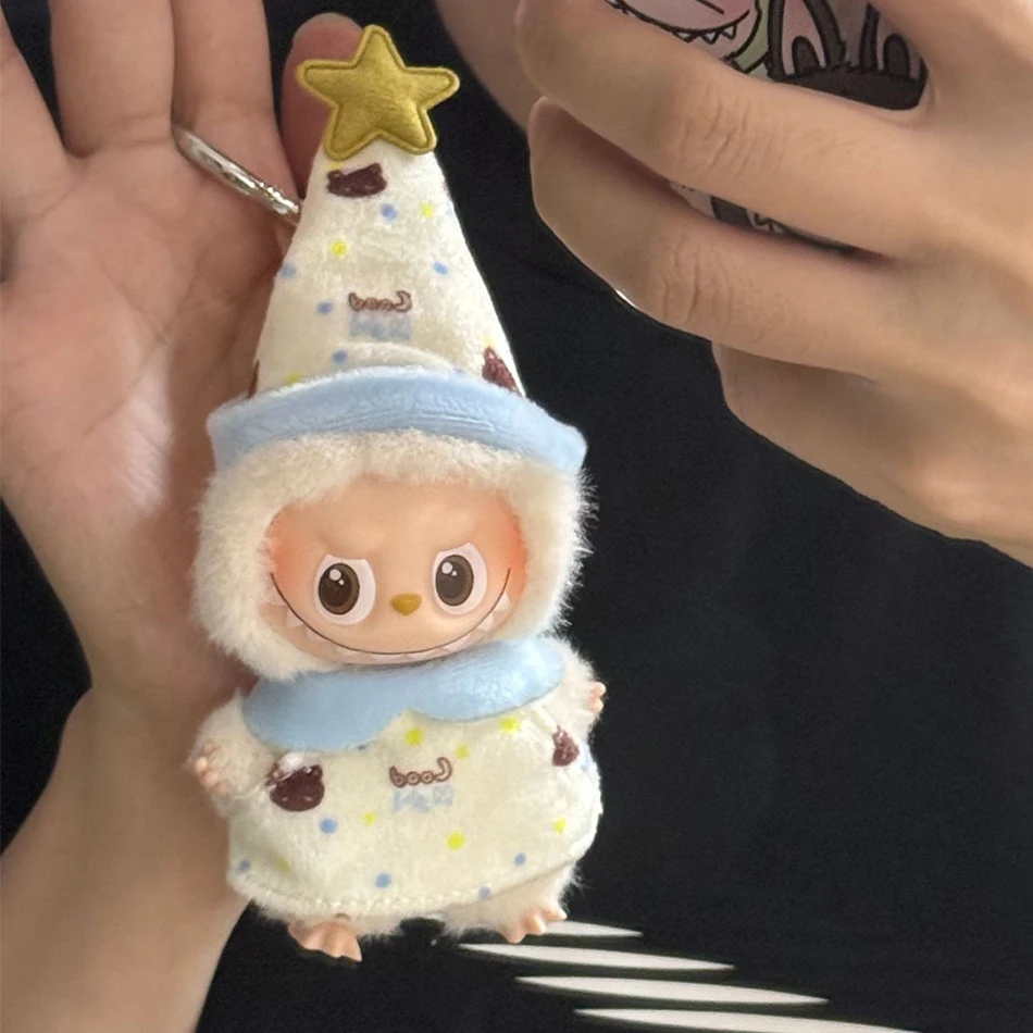 Para labubu 4.0 pinos para série amor mini pijamas roupas dos desenhos animados macacão com chapéu para mini labubu v4 boneca outfit acessórios