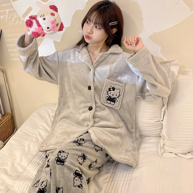 Sanrios New Hello Kittys Japanese Retro Full Print Pajamas Kawaii Anime Cartoon Autumn Winter Warmth Flannel Girl Loungewear Set