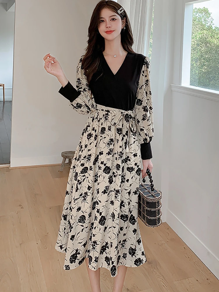 2025 nieuwe bloemen patchwork zwarte v-hals lange jurk vrouwen koreaanse vintage luxe jurk herfst elegante bodycon festival feestjurk