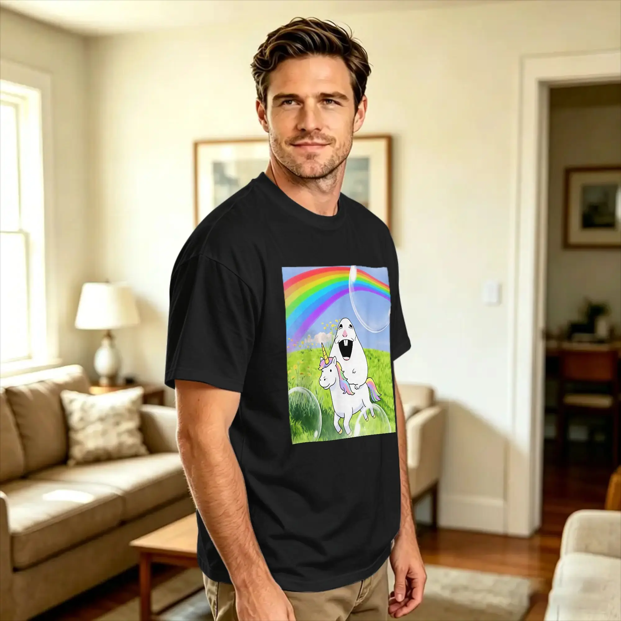 Men's Happy Hamster Riding Unicorn Funny Meme T Shirts  Cotton Clothing Summer Vintage Short-Sleeve T Shirt Crew NeckTshirt