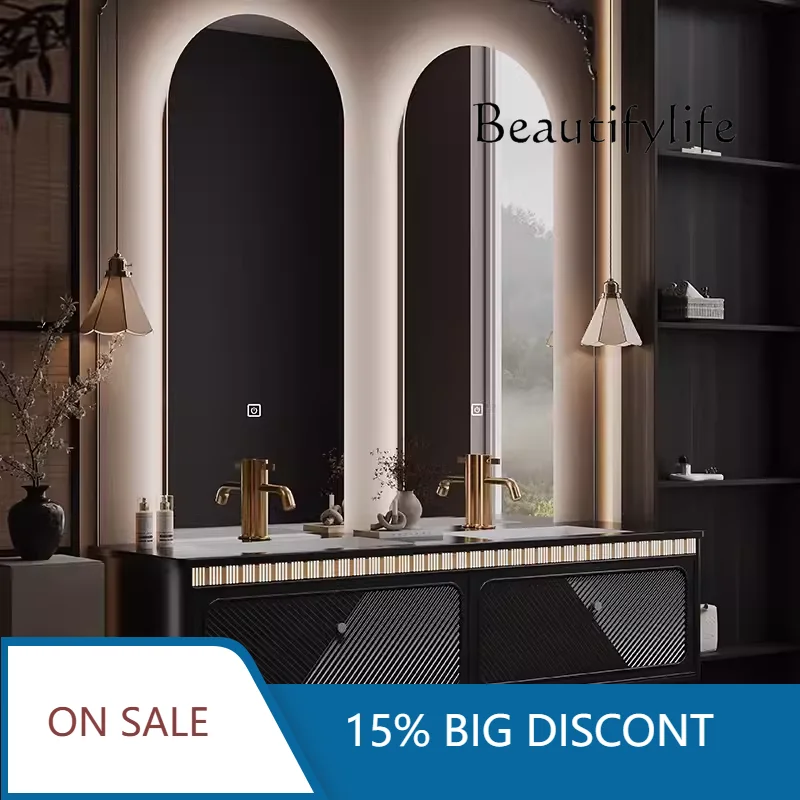 

Комплект мебели для ванной комнаты Xx в стиле легкой роскоши: тумба с двойной раковиной и французской столешницей из каменной плиты, умывальник для туалета