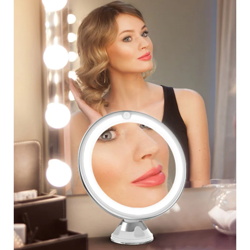 Miroir de maquillage rond à lumière de remplissage LED, grossissement 10X, vanité de bureau verticale |   Essentiel pour un maquillage impeccable et une toilettage sans effort