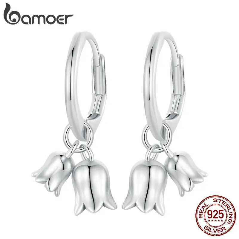 Bamoer 925 Sterling Silver Lily of the Valley Stud Earrings Romantic Flowers Hoop Earrings for Women Girls Valentine's Day Gift