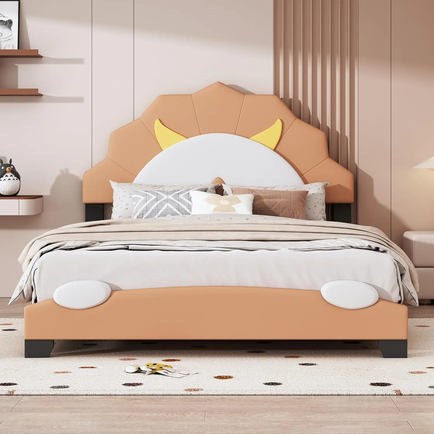 Size Upholstered Leather Platform Bed with Lion-Shaped Headboard, Solid Wood Daybed, Easy Assembly and No Spring Box Need,