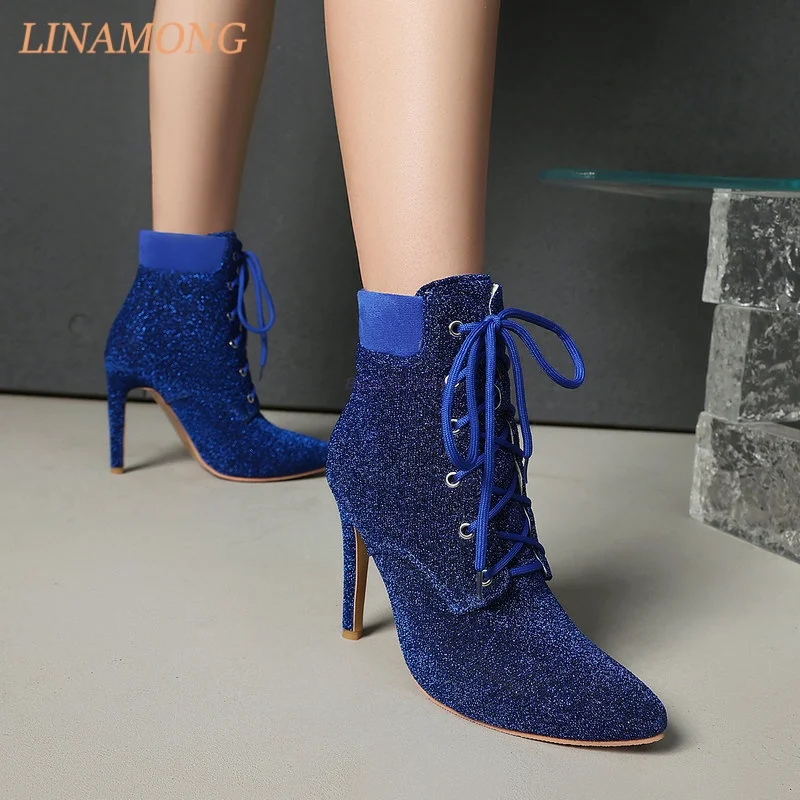 Women Sparkly Glitter Ankle Booties Pointed Tip Front Eyelet Lace Up Slim Stiletto High Heel Solid Color Shiny Fashion Boots