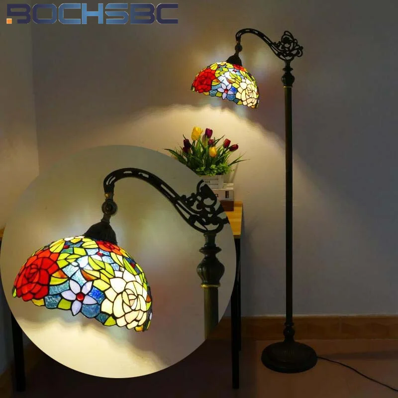 

BOCHSBC Tiffany style stained glass Nordic vintage floor lamp for bedroom bedside standing lamp study living room LED decor lamp