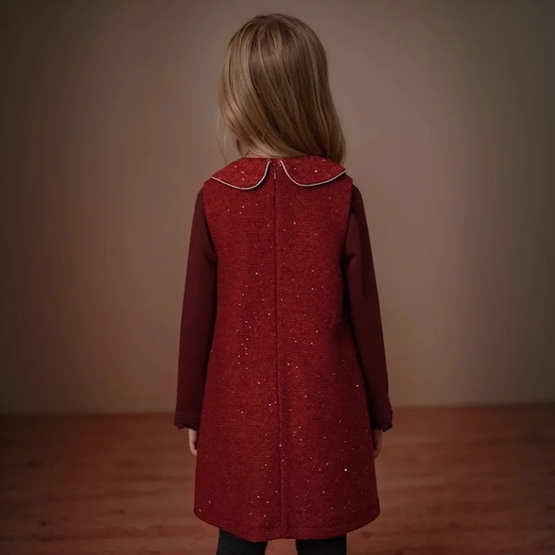 Children's Red Sequins Patchwork Dress Spring  Autumn 2025 New Girls' Retro Style Lace Sleeveless Vest Skirt