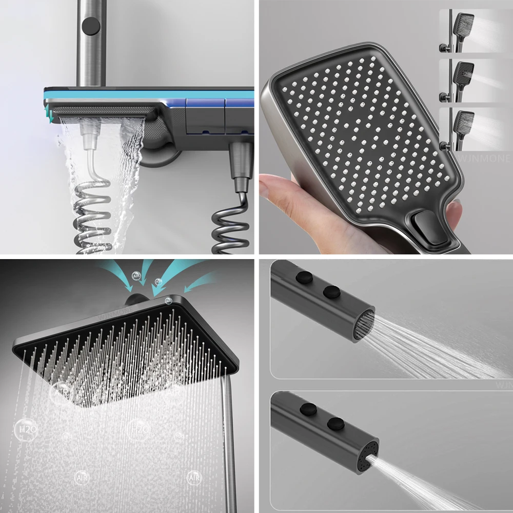 Bathroom Modern Showers Faucet Full Set with Lights Tempered Glass Piano Key Smart Digital Rain Thermostat Mixer Shower System