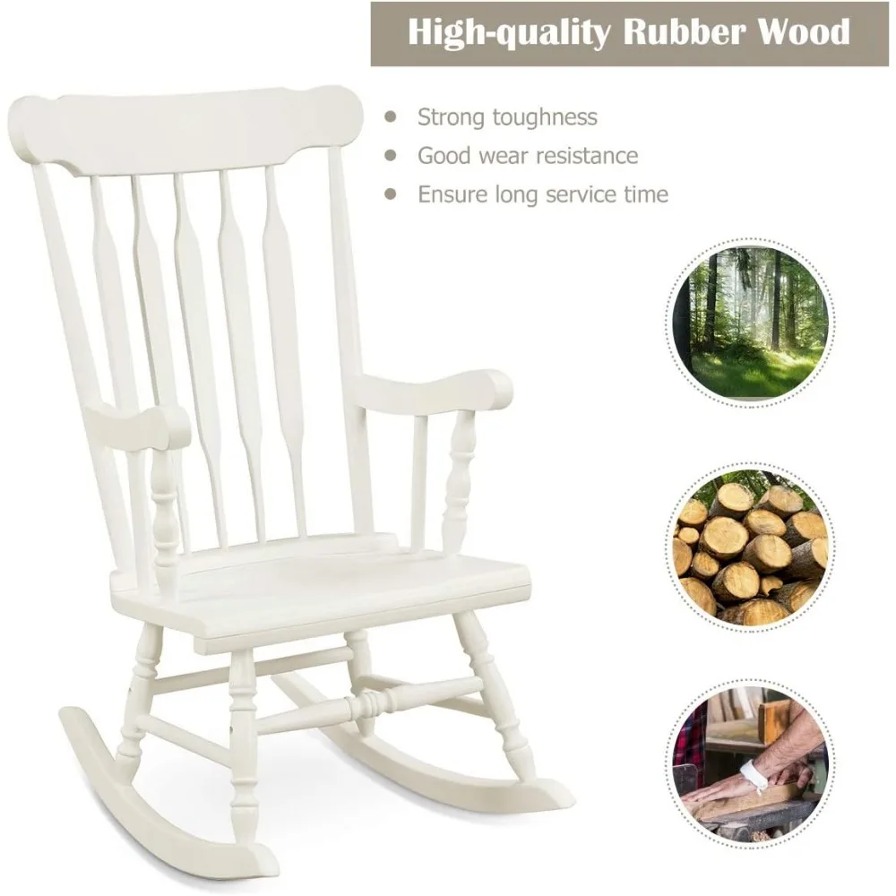 Outdoor Wood Rocking Chair Set of 2 - Patio Rocking Chair with Rubber Wood Frame, Slat Back, Outside & Indoor Rocker for Garden