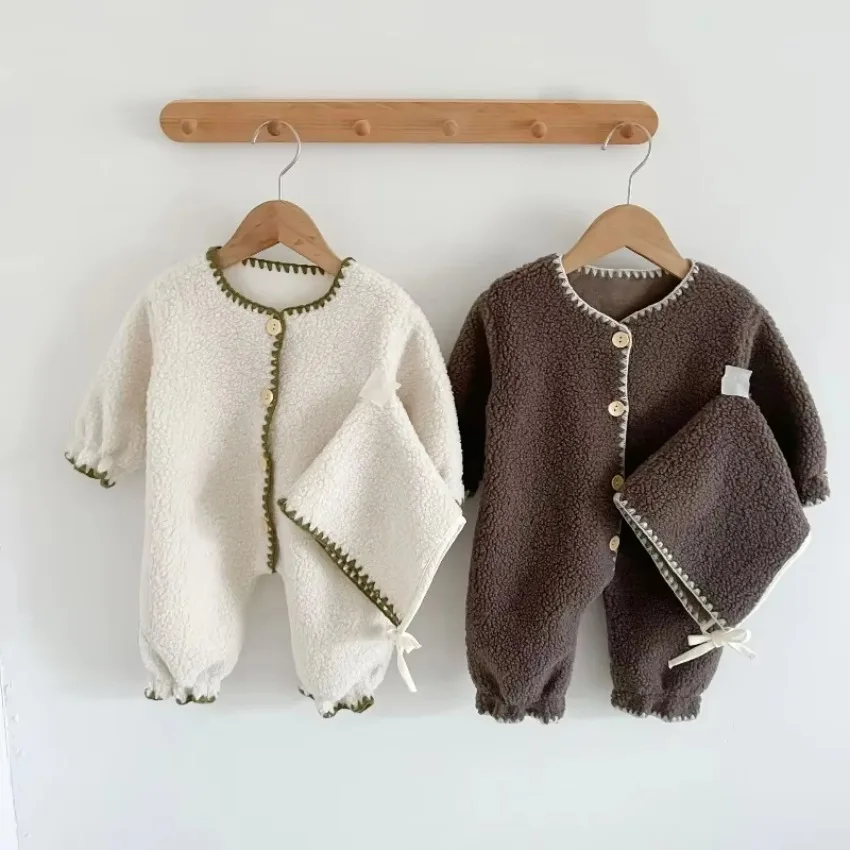 ZOETOPKID Autumn Winter Baby Jumpsuit with Velvet Warm Baby Boy's One Piece Clothes Girl's Climbing Clothes and Hat 2pcs Sets