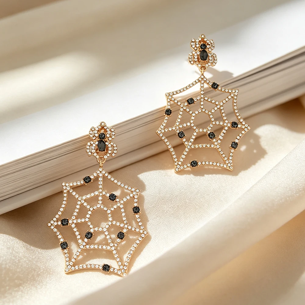 Spider Web Dangle Earrings with Rhinestones, Black and White Rhinestone Hollow Spider Web Metal Earrings, Halloween Everyday Outfit Accessories