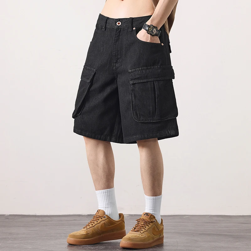 KSTUN Lyocell Celana Pendek Musim Panas Jeans untuk Pria Celana Kargo Kaki Lebar Celana Panjang Lutut Pakaian Jalanan Celana Pendek Denim Hitam Pria Pas Longgar