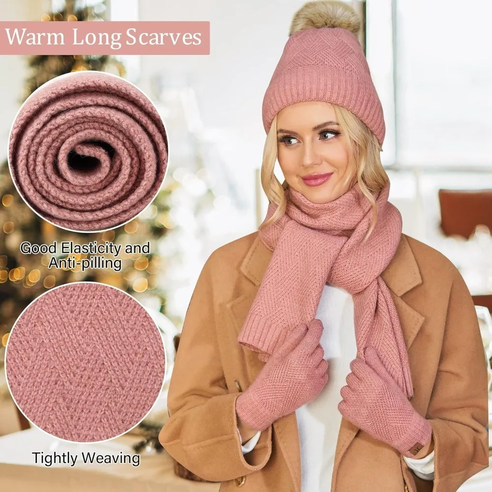 المرأة شتاء دافئ قبعة صغيرة متماسكة قبعة وشاح طويل لمس قفازات مجموعة مع الصوف اصطف بوم الجمجمة قبعة هدايا للنساء