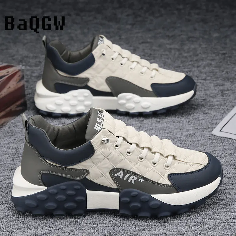 Chunky Sneakers Men Soft Sole Running Shoes Fashion Casual Leather Fabric Breathable Height Increased Flat Platform Board Shoes