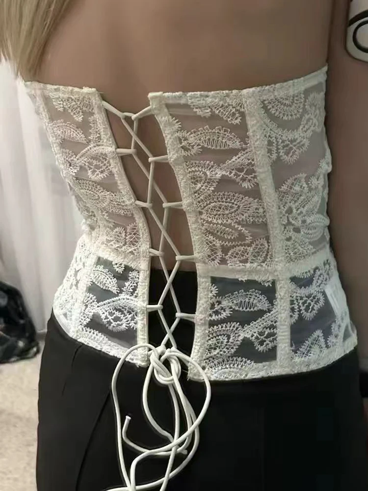 Women Floral Embroidery Strapless Tube Top Sexy Backless Lace Up Padded Boned Tight Corset Y2K Street Rave Night Club Party Tops