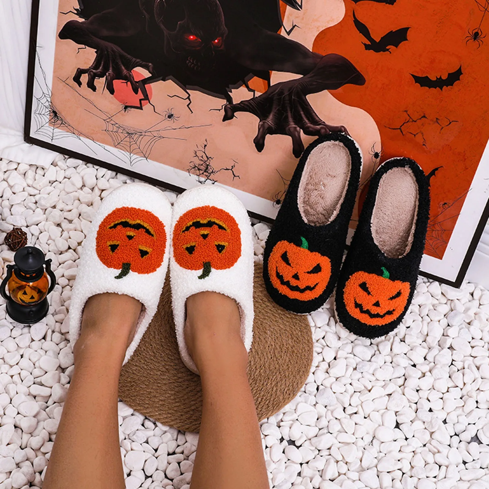 Halloween Pumpkin Slipper Ghost Funny Face Flat Indoor House Shoes Soft Plush Cozy for Women Men Couple Casual Halloween Gifts