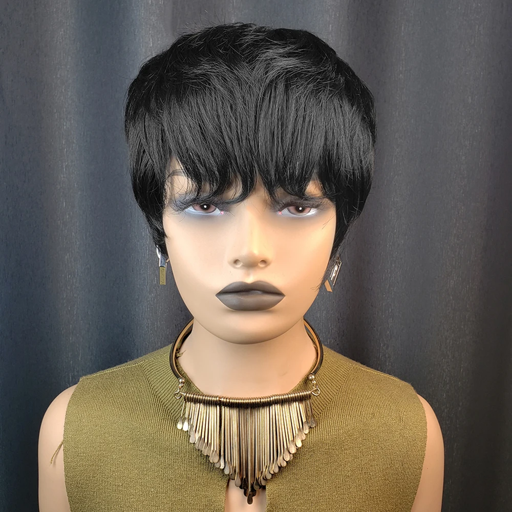 Black 5 Inch Textured Short Layered Pixie Wigs Human Hair 100% Natural Realistic Tangle Free Full Machine Made For Women