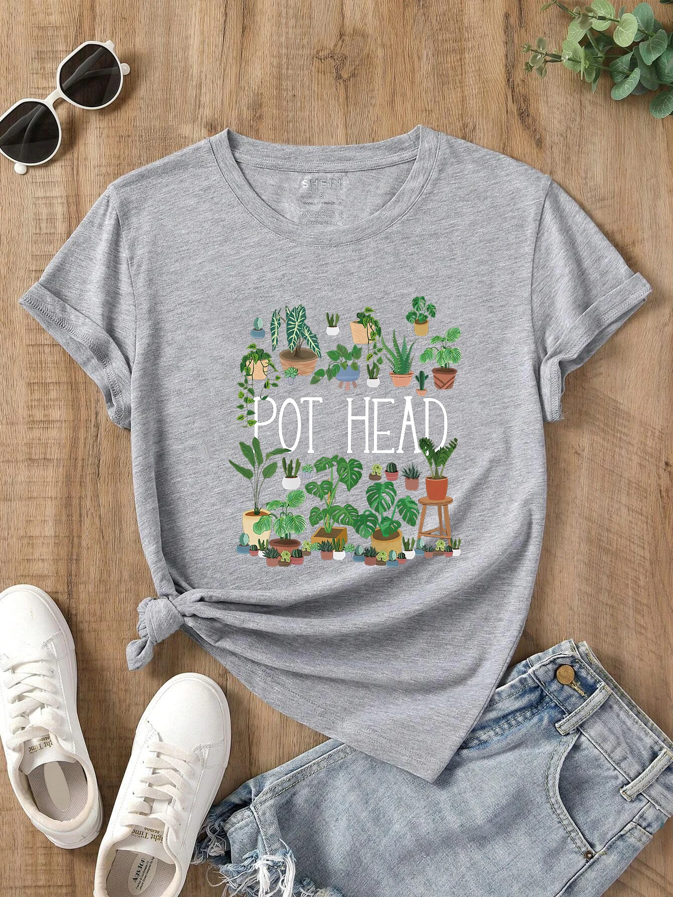 Pot Head Plant Pattern Printed T-shirt Fun Cute Street American Retro Women\'s Fashion Casual Summer Top 2024 New Kawaii