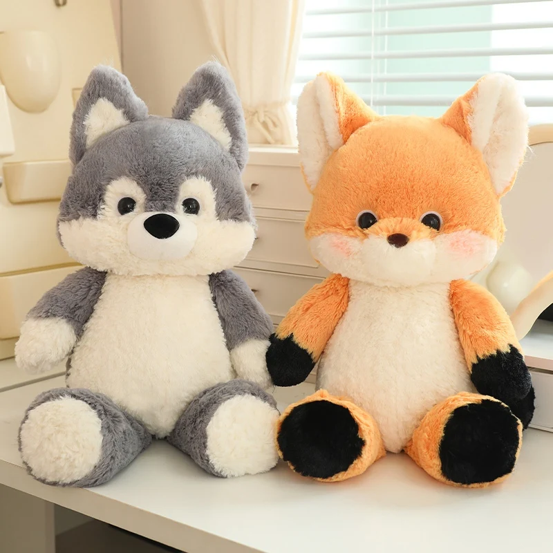 Kawaii Super Soft Fox Wolf Wear Rompers Can Run Plush Toys Cartoon Stuffed Animals Foxes Plushies Dolls Anime for Kids Gift Deco