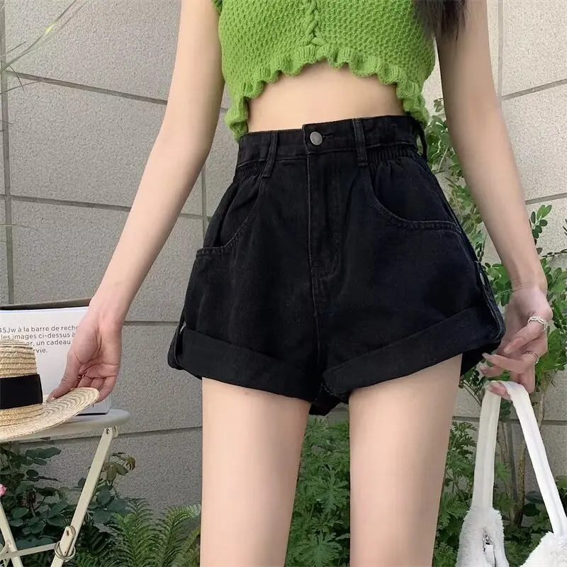 Khaki Black Straight-leg Curled Denim Shorts Summer New High-waisted Loose Slimming A-line Hot Pants Women\'s Jeans