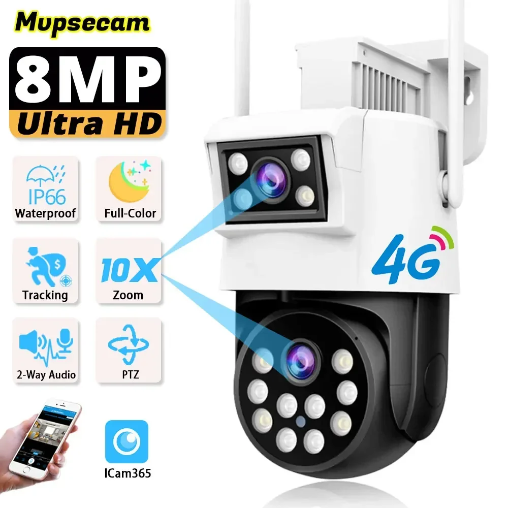 4G Wireless IP Camera Outdoor Smart Home 8MP 4K Dual Lens 10X Zoom 360° PTZ HD Video Surveillance Cameras 4G Network DC 12V