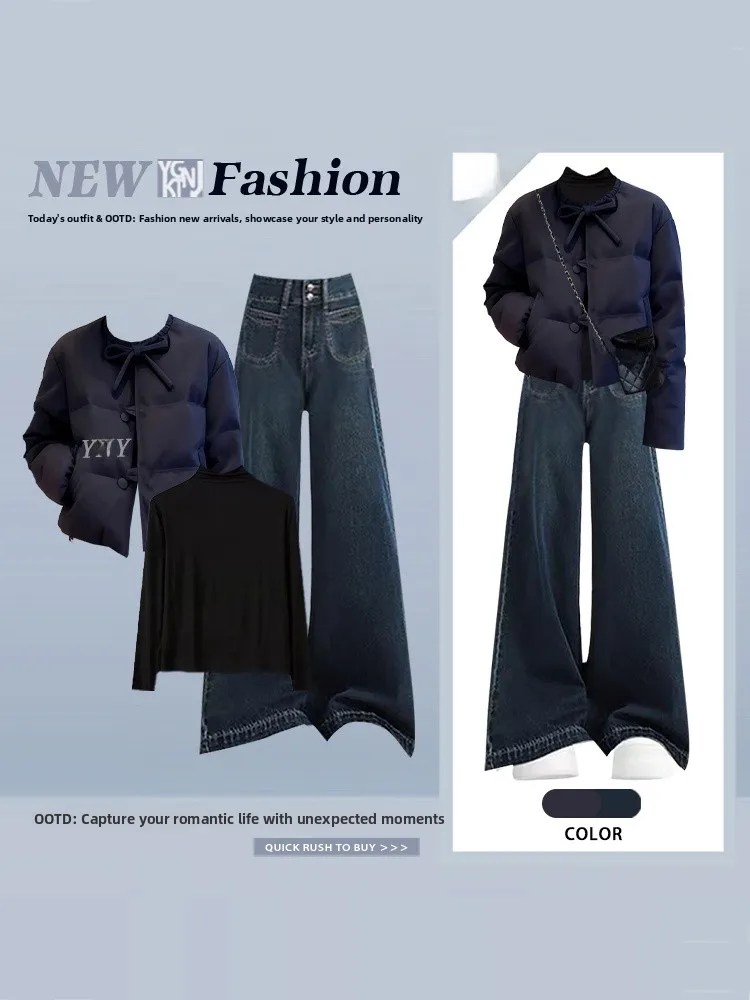 

Теплый хлопковый джинс с галстуком-бабочкой, джинсы-колокольчики с высокой талией, комплект из двух предметов, свободный крой, зимний ансамбль Faion