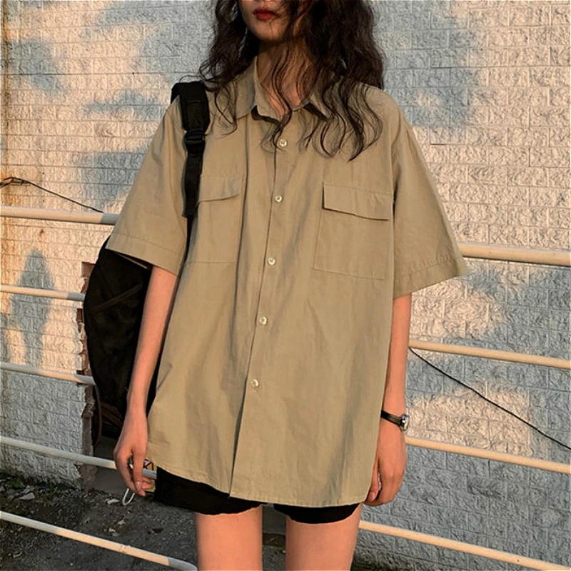 Unisex Shirts Women Japan Style Harajuku Simple Short Sleeve Summer Womens Chic Tops Retro All-match Pockets Trendy Girls New