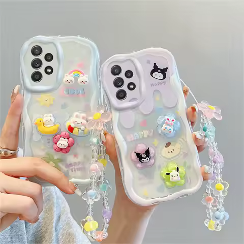 Kuromi Bear Rabbit Phone Case For Samsung Galaxy A11 A12 A13 A14 A15 A20S A21S A22 A23 A24 A25 5G Flower Wrist Strap Curly Cover