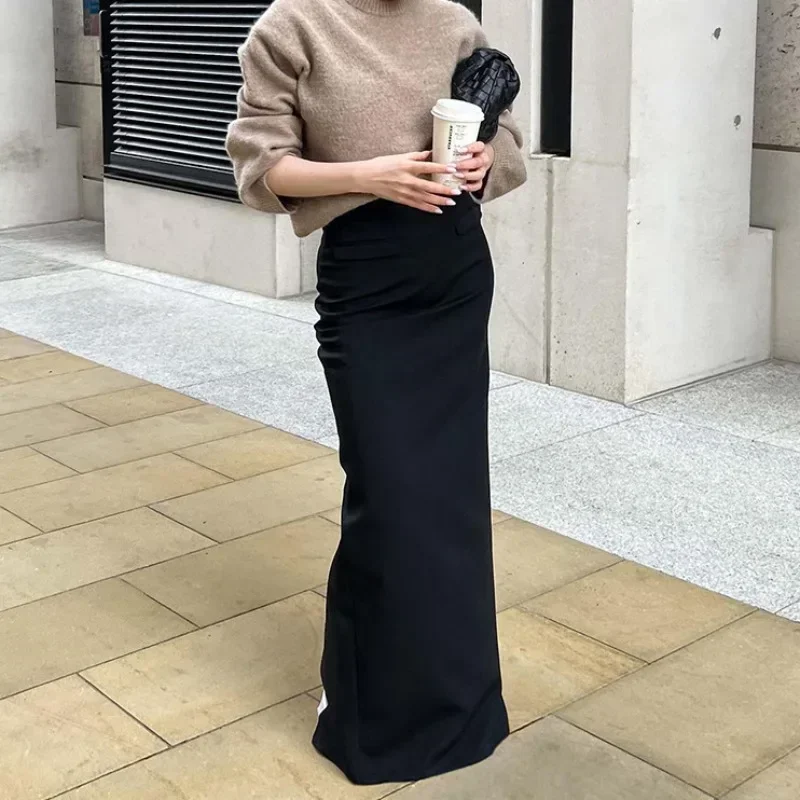 HOUZHOU Long Black Skirt Women Vintage High Waist Bodycon Chic and Elegant Slit Maxi Tight Skirt Autumn Winter Office Lady