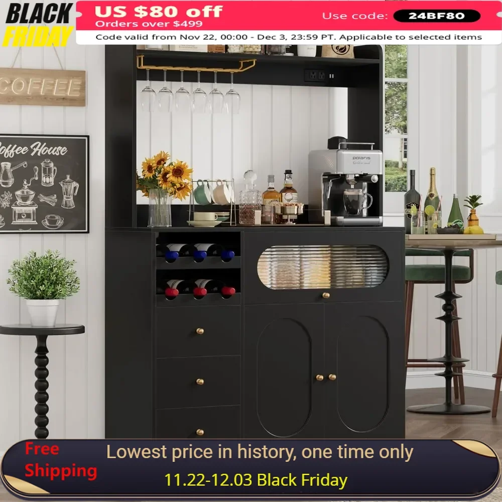 Coffee Bar Cabinet with Power Outlets, Microwave Stand, Wine Racks, Kitchen Cupboard, Kitchen Pantry Storage Cabinet with Hutch