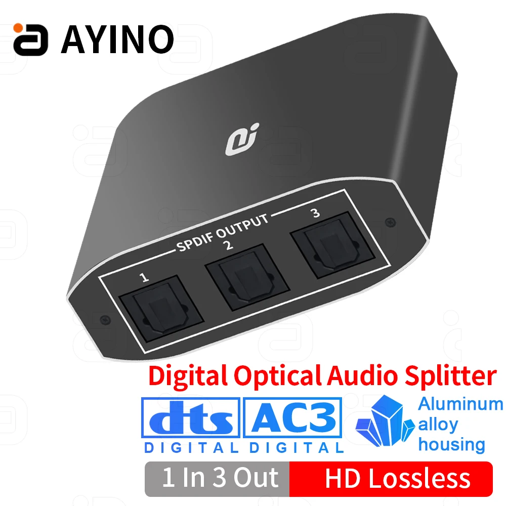 

AYINO 1x3 Digital SPDIF Optical Audio Splitter Aluminum Alloy One Input Three Outputs Toslink Adapter 1 In 3 Out Support DTS AC3