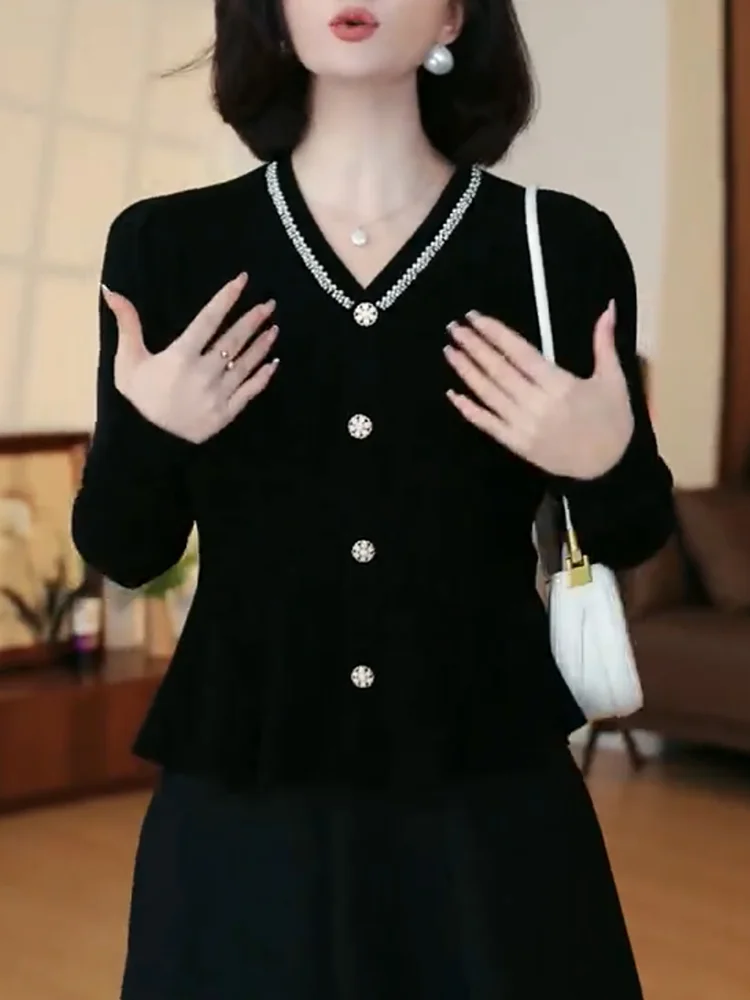 

Diamond Embedded V-Ne Open Cardigan Faionable Age-Defng Top for Autumn Season Korean Sle Loose Fit Long Sve