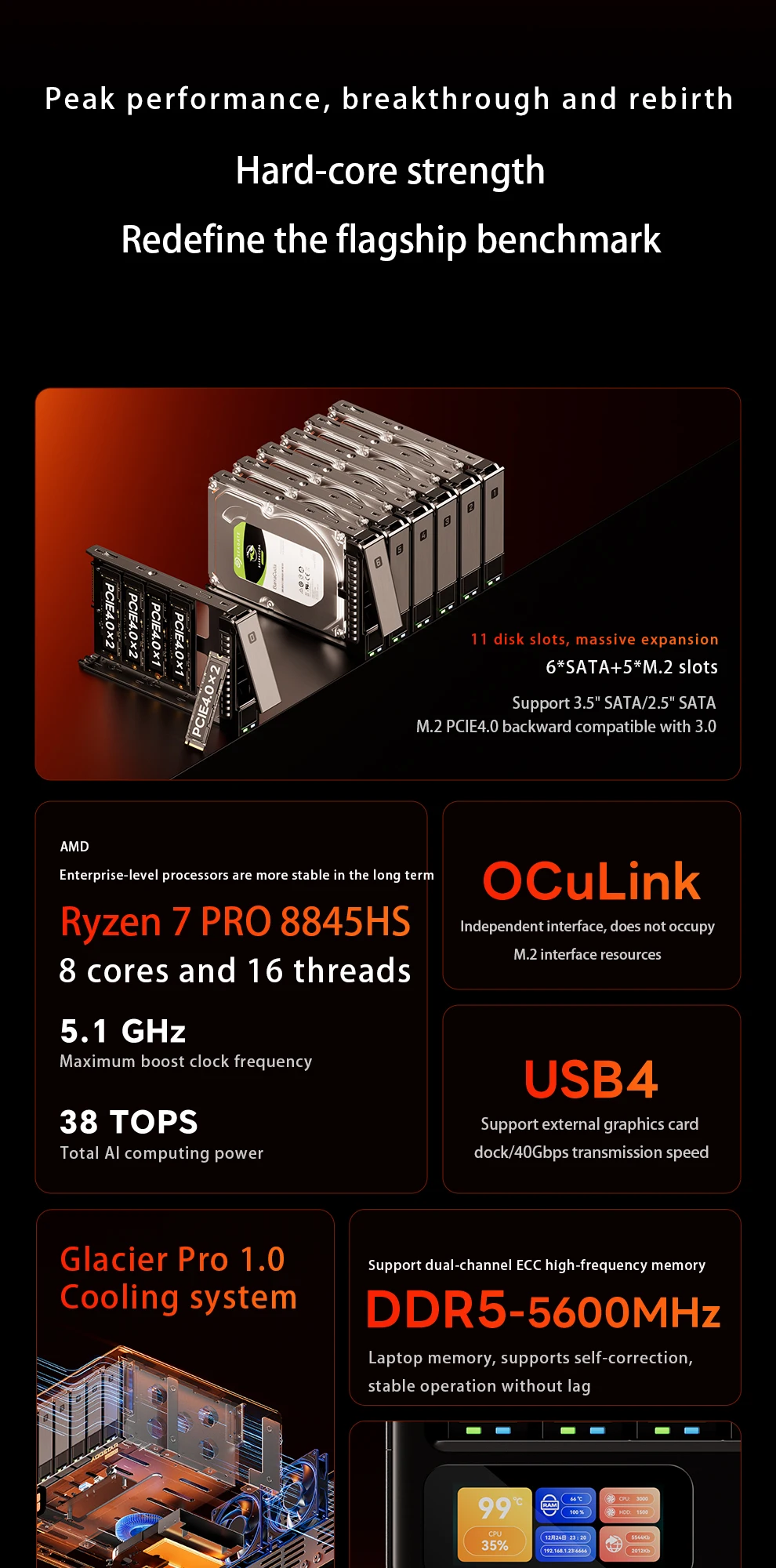 11 Bay WTR NAS Mini PC AMD R7 8845HS DDR5 5600MHz Supports2.5/3.5" SATA*4 M.2 2280 NVMe Desk NAS 2.5G LAN Gamer Office Computer