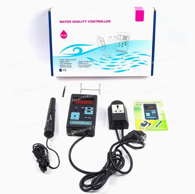 PH-201 디지털 LCD 디스플레이 PH CO2 컨트롤러 미터 수족관 물고기 탱크 0.00 ~ 14.00PH 범위 + 스위치 소켓 AC 100-240V
