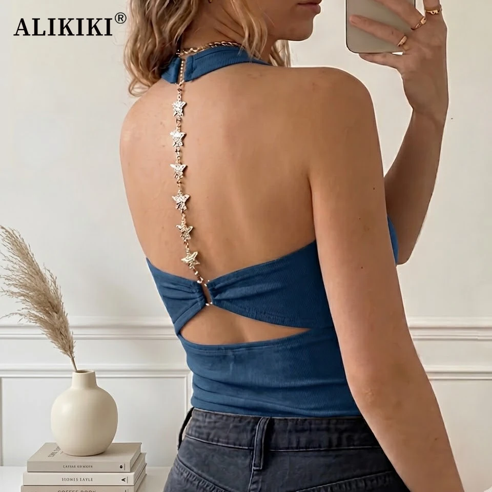 Women Halter Neck Camisole Backless Tank Top Built-in Bra Ribbed Padded Camis Crop Top with Star Chain