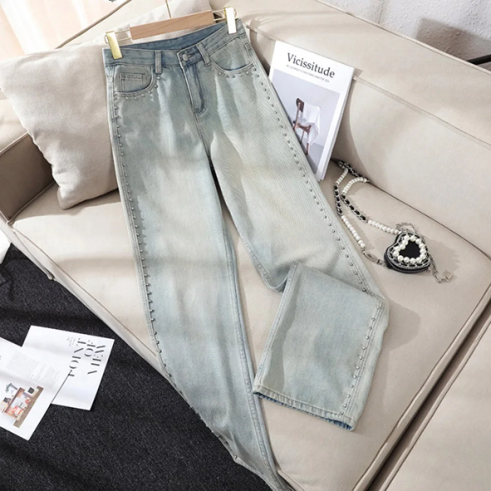 

2025 New Early Spring Straight Denim Pants For Women European American Fashion Side Hot Drilling Pants Female Washed Jeans
