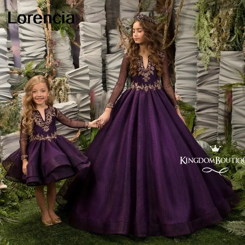 

Lorencia Princess Purple Long Sleeve Flower Girl Dress For Wedding Ball Gown Satin Applique Pageant First Communion Gown YFD74