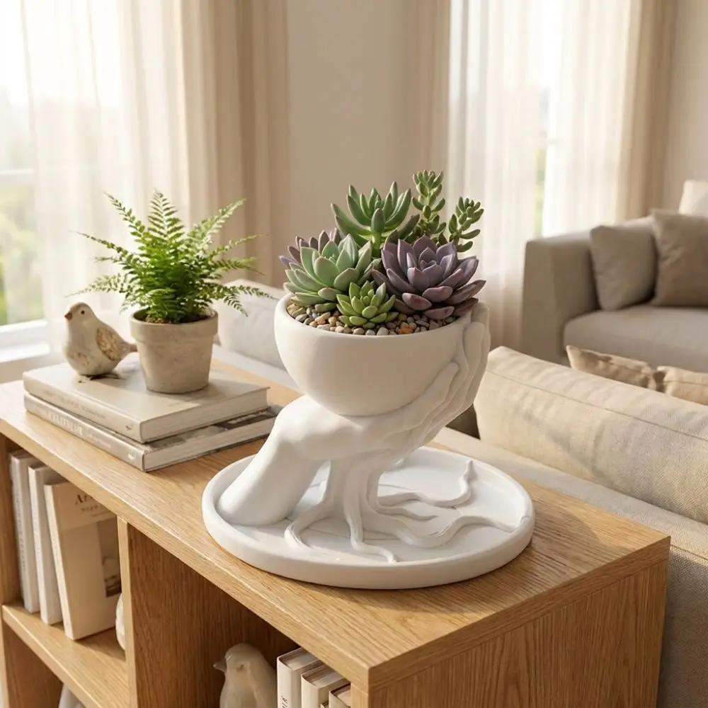 3D Printed Tree Hand Shape Succulent Pot Marble Texture Decorative Jewelry Storage Tray Unique Plastic Plant Pot Desktop Decor