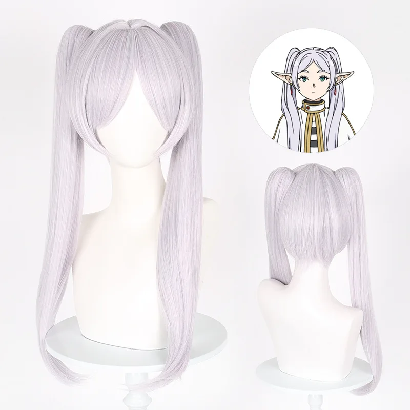 Anime Sousou No Frieren Cosplay Perücke Silber Weiß Lange 65CM Perücke Frieren Bei der Beerdigung Himmel Blau Beständig Synthetische Haarteil
