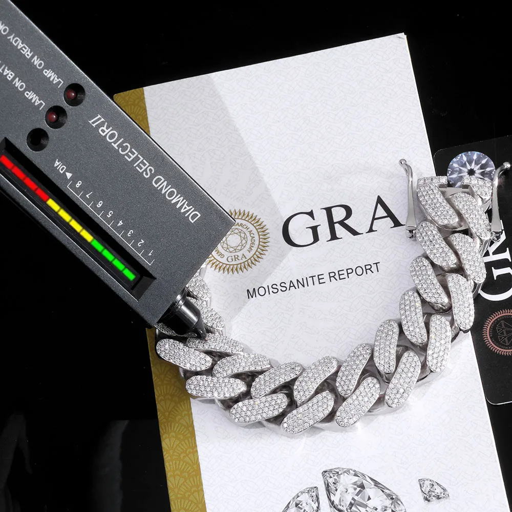 

ESKEEM Высокое качество 22 мм Мужские ювелирные изделия в стиле хип-хоп Серебро 925 VVS Муассанит Кубинская цепочка с звеньями Пропуск бриллиантового тестера Iced Out Браслет