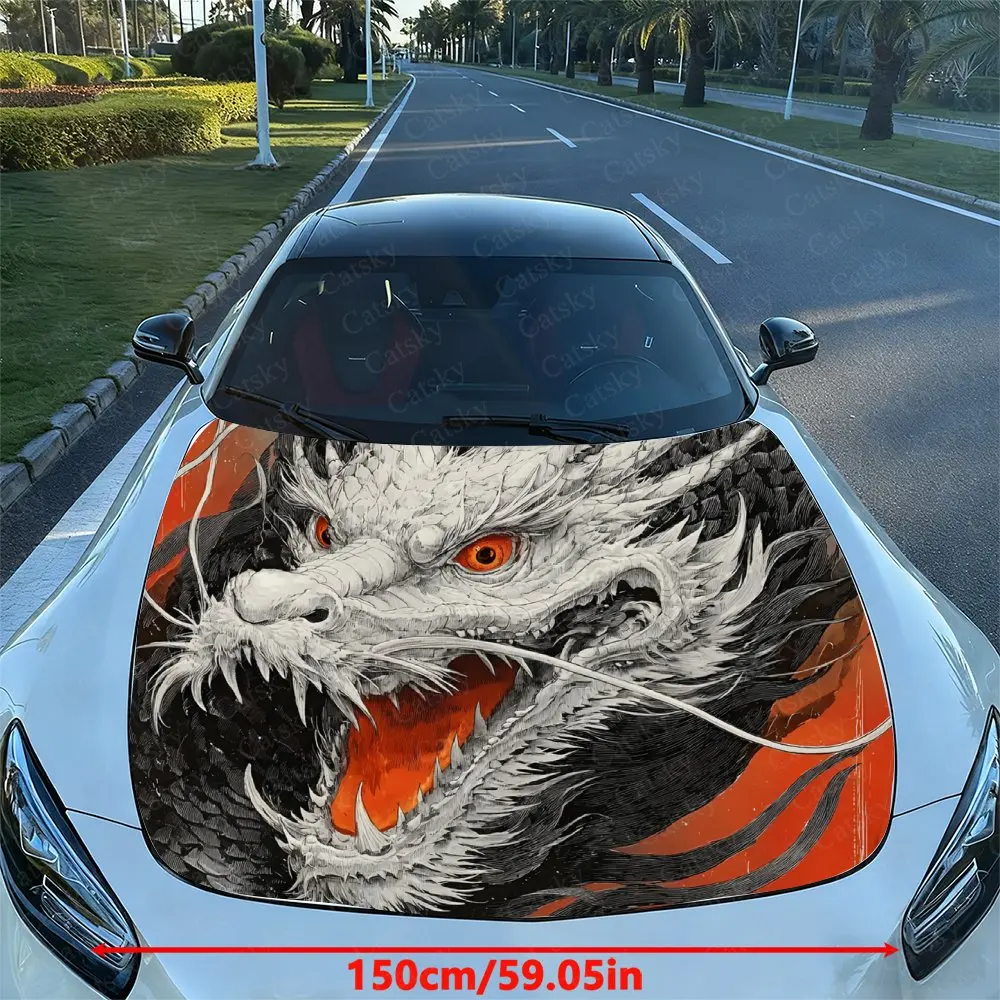Black And White Dragon Car Hood Sticker, Easy To Install And Remove, Independence Day Car Decoration, Suitable For A-class Sedan