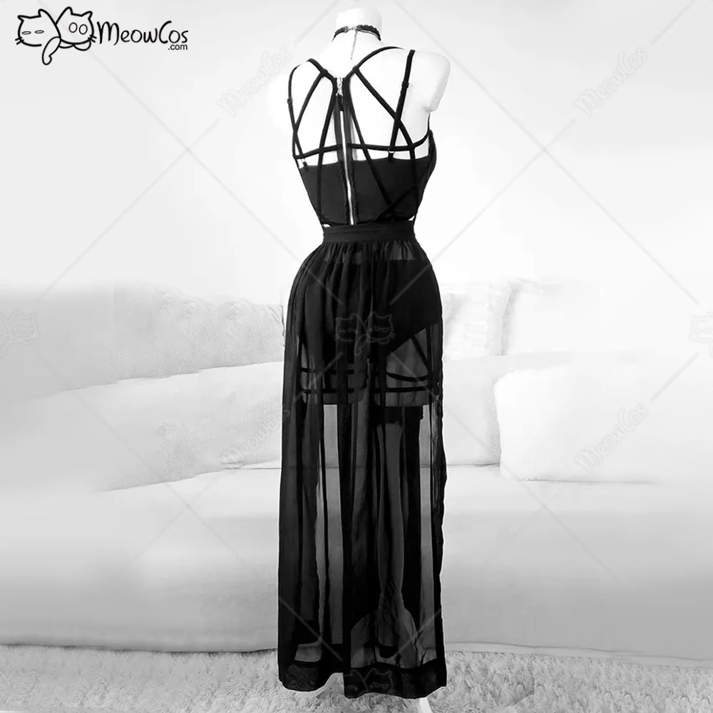 MEOWCOS Women Gothic Style Three Piece Bandage Suit Black Sexy Top and Mesh Split Skirt with Underwear