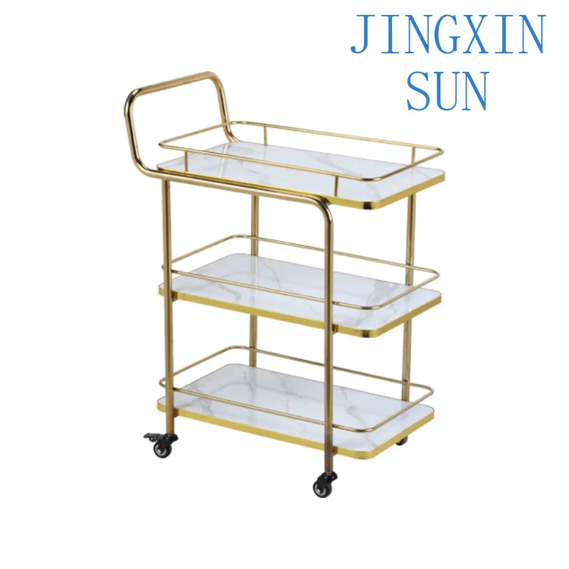 Hotel restaurant three-layer dining titanium gold trolley commercial with guardrail to send wine cart large mobile service truck